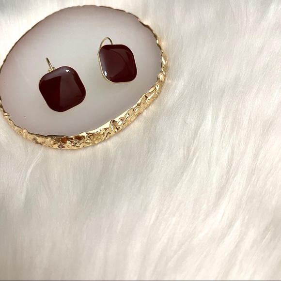 Red square earrings Eardrop with gold frame - Picture 3 of 5